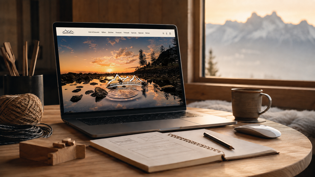 Laptop mit der neu gestalteten MountainBock Startseite vor einer Schweizer Berglandschaft