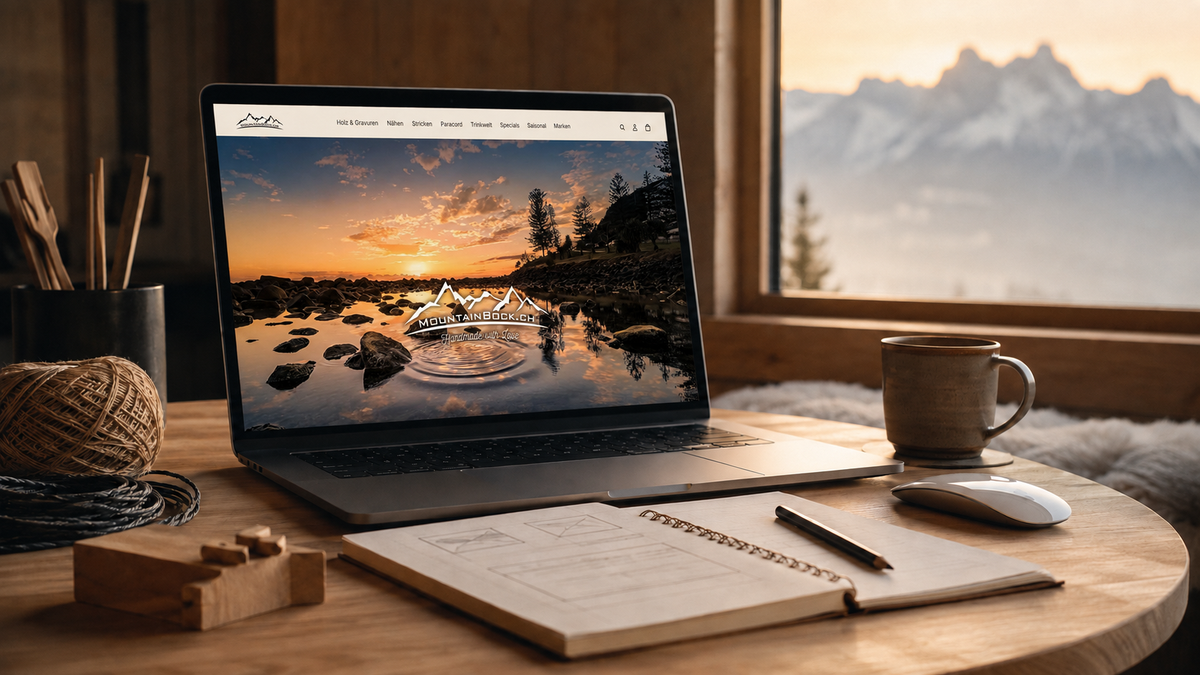 Laptop mit der neu gestalteten MountainBock Startseite vor einer Schweizer Berglandschaft